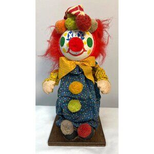 Vintage Paper Mache Face 11” Boy Clown With Red Hair Pom Pom On Wood Stand